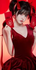 2024新年少女，高颜值超漂亮双马尾辫少女肩带红裙红飘带新年写真套图