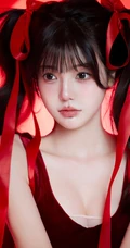 2024新年少女，高颜值超漂亮双马尾辫少女肩带红裙红飘带新年写真套图