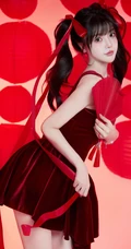 2024新年少女，高颜值超漂亮双马尾辫少女肩带红裙红飘带新年写真套图