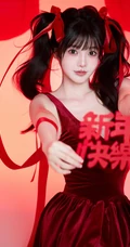 2024新年少女，高颜值超漂亮双马尾辫少女肩带红裙红飘带新年写真套图