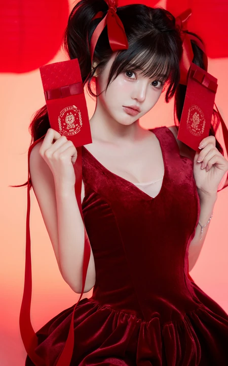 2024新年少女，高颜值超漂亮双马尾辫少女肩带红裙红飘带新年写真套图