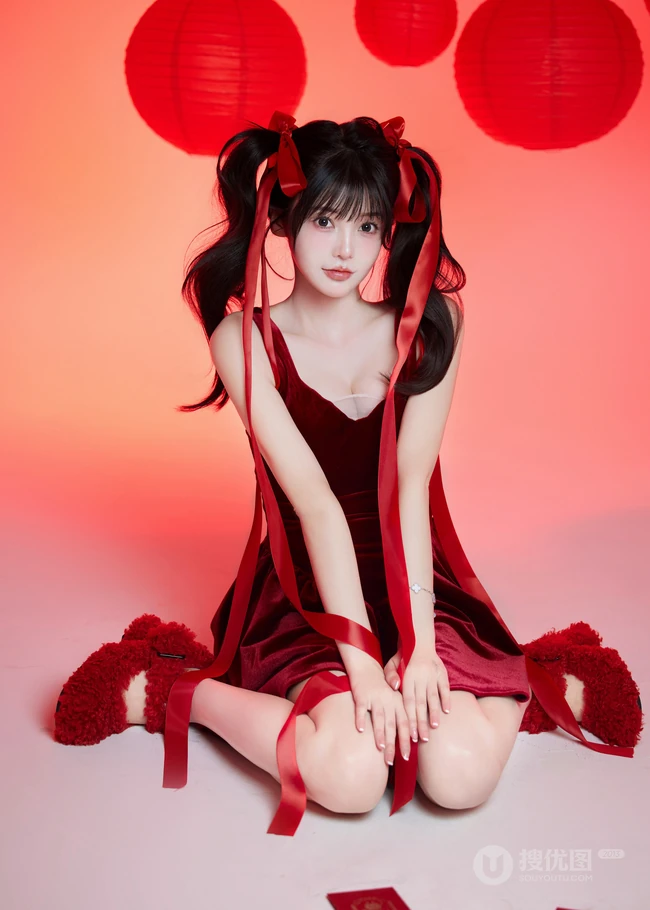 2024新年少女，高颜值超漂亮双马尾辫少女肩带红裙红飘带新年写真套图