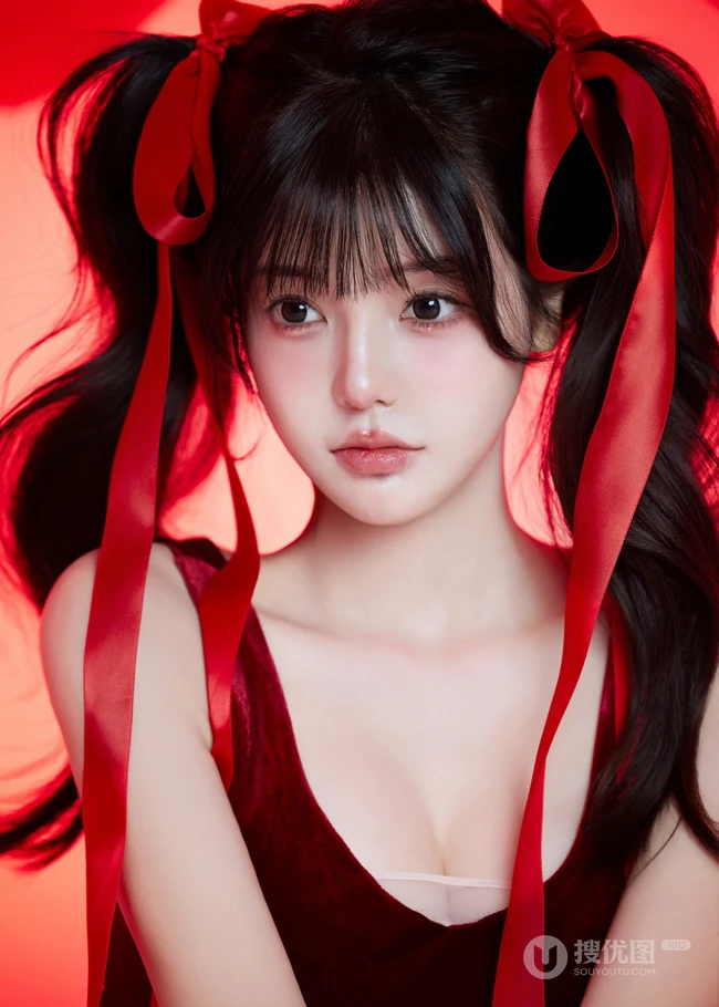 2024新年少女，高颜值超漂亮双马尾辫少女肩带红裙红飘带新年写真套图