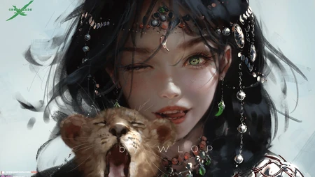 抱着一只小狮子的藏服动漫美少女插画壁纸图片