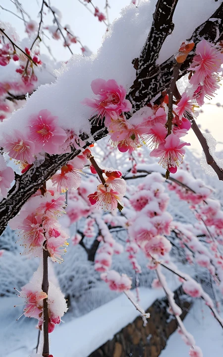 梅花香自苦寒来，冰天雪地，盛开的梅花美图，大雪也遮不住梅花的美啊！