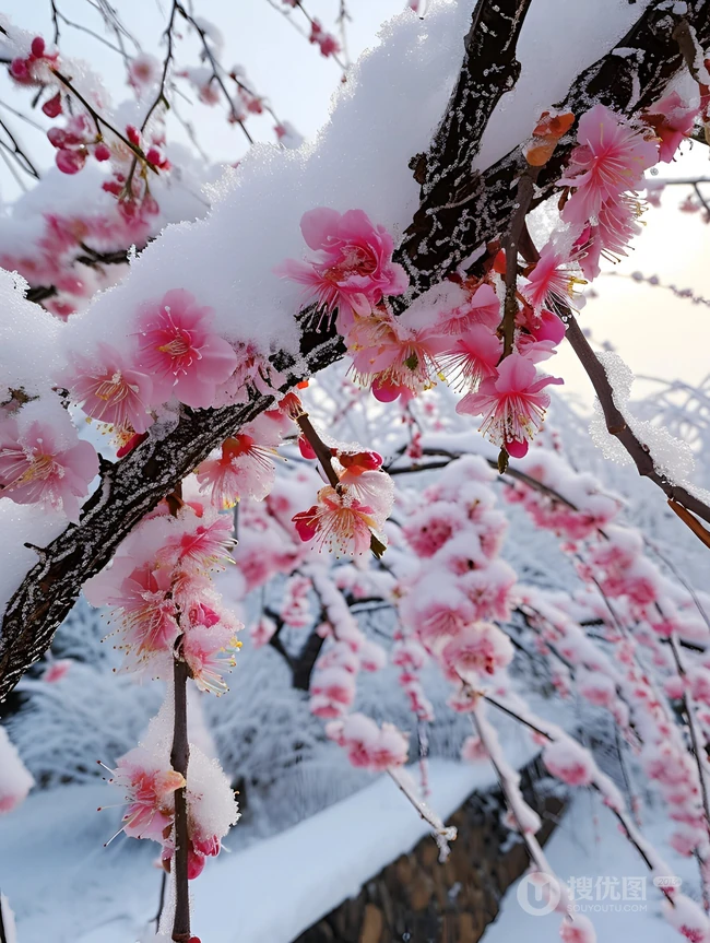 梅花香自苦寒来，冰天雪地，盛开的梅花美图，大雪也遮不住梅花的美啊！