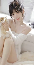 少女和她的可爱小猫，超白皙浅粉大长腿漂亮可人女生暖白穿搭室内写真套图