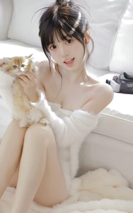 少女和她的可爱小猫，超白皙浅粉大长腿漂亮可人女生暖白穿搭室内写真套图
