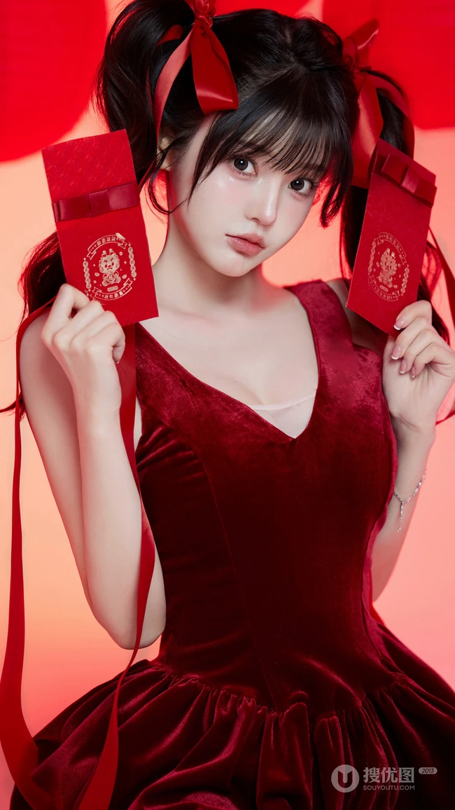 高颜值美女小姐姐红色穿搭很有新年气氛哦！