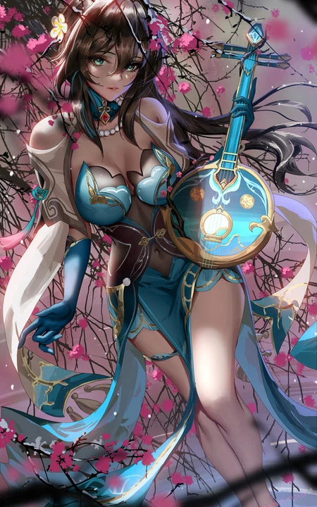 梅花树下，手拿月琴的旗袍装动漫美女手机壁纸图片
