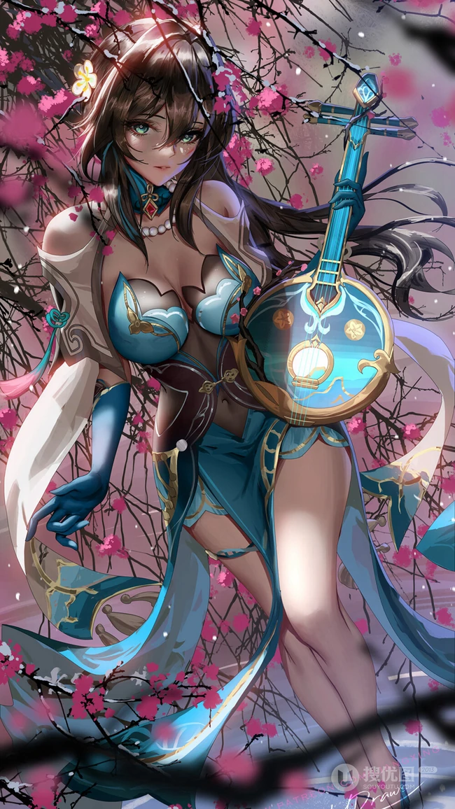 梅花树下，手拿月琴的旗袍装动漫美女手机壁纸图片