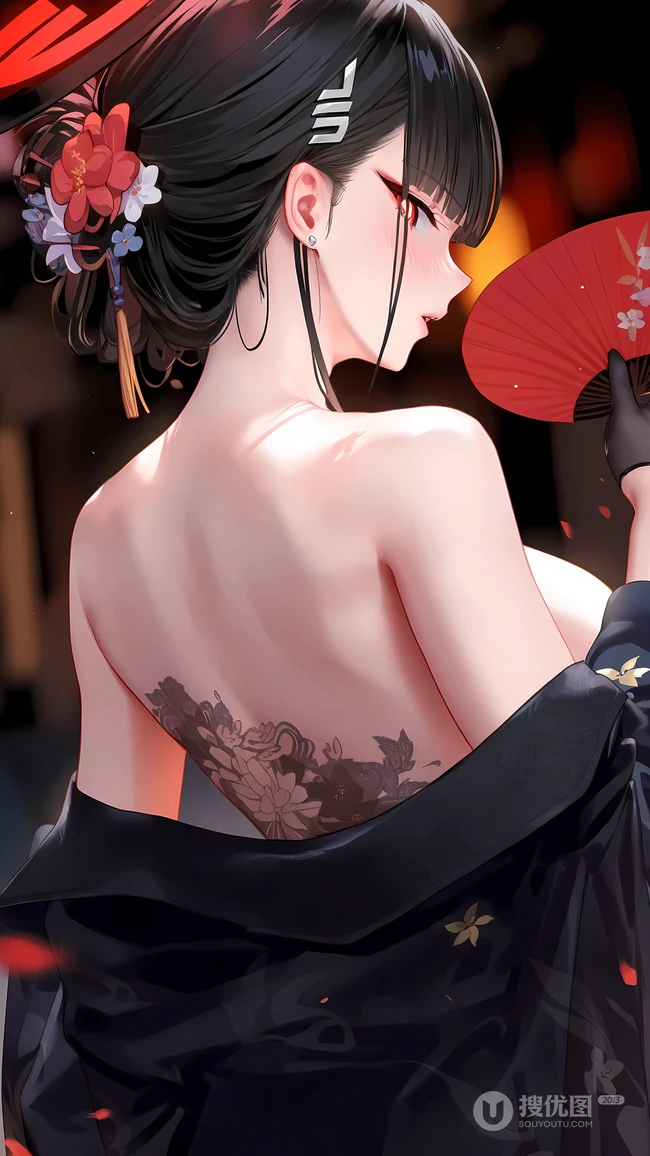 背上有纹身，露出美背，手拿红色小圆扇的古装动漫美女好看手机壁纸