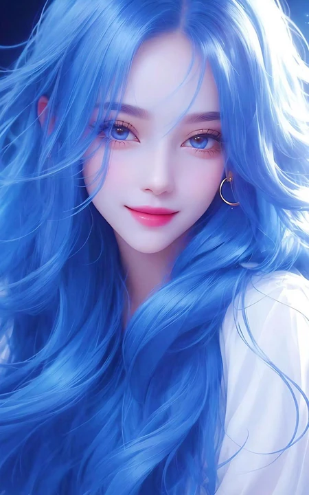 AI美女，蓝色头发，蓝色眼睛，高颜值AI青春美少女手机壁纸图片