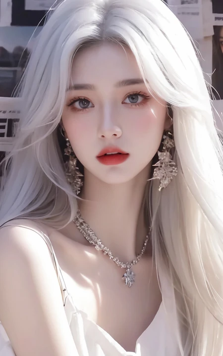 AI美女，一头白色头发，戴着耳环的时尚靓丽AI美女手机壁纸图片