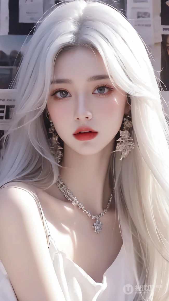 AI美女，一头白色头发，戴着耳环的时尚靓丽AI美女手机壁纸图片