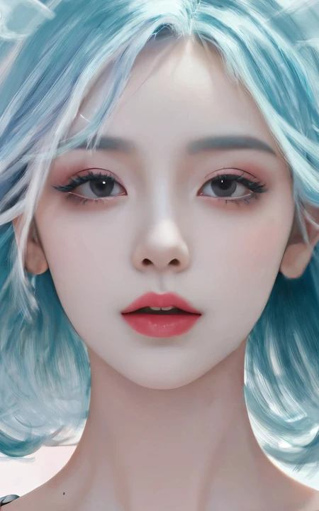 AI美女，静静看着你，一头青蓝色长发的红唇AI美女高清手机壁纸图片