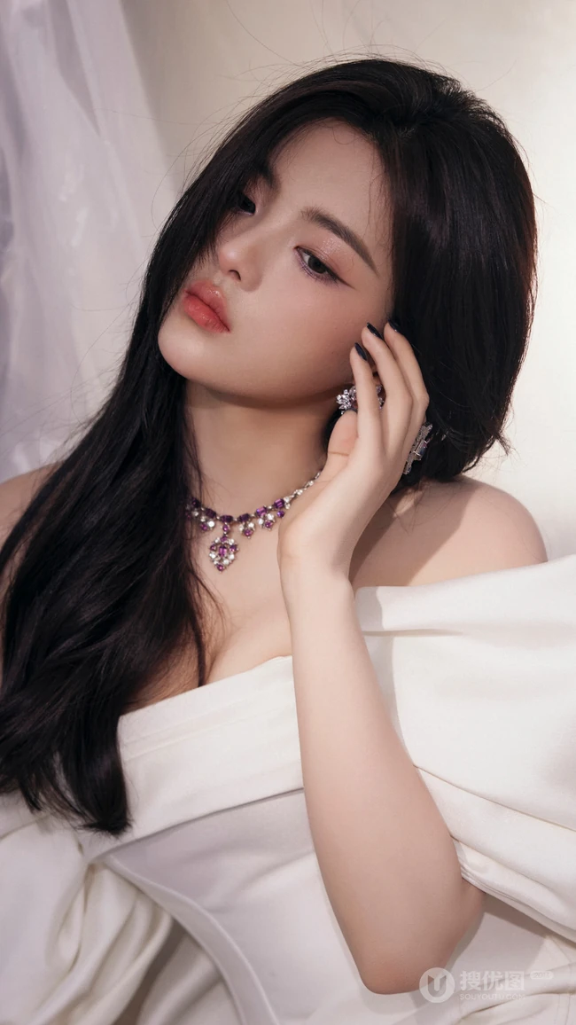 杨超越壁纸，美女杨超越一袭抹胸白色紧身连衣短裙穿搭超美时尚手机壁纸图