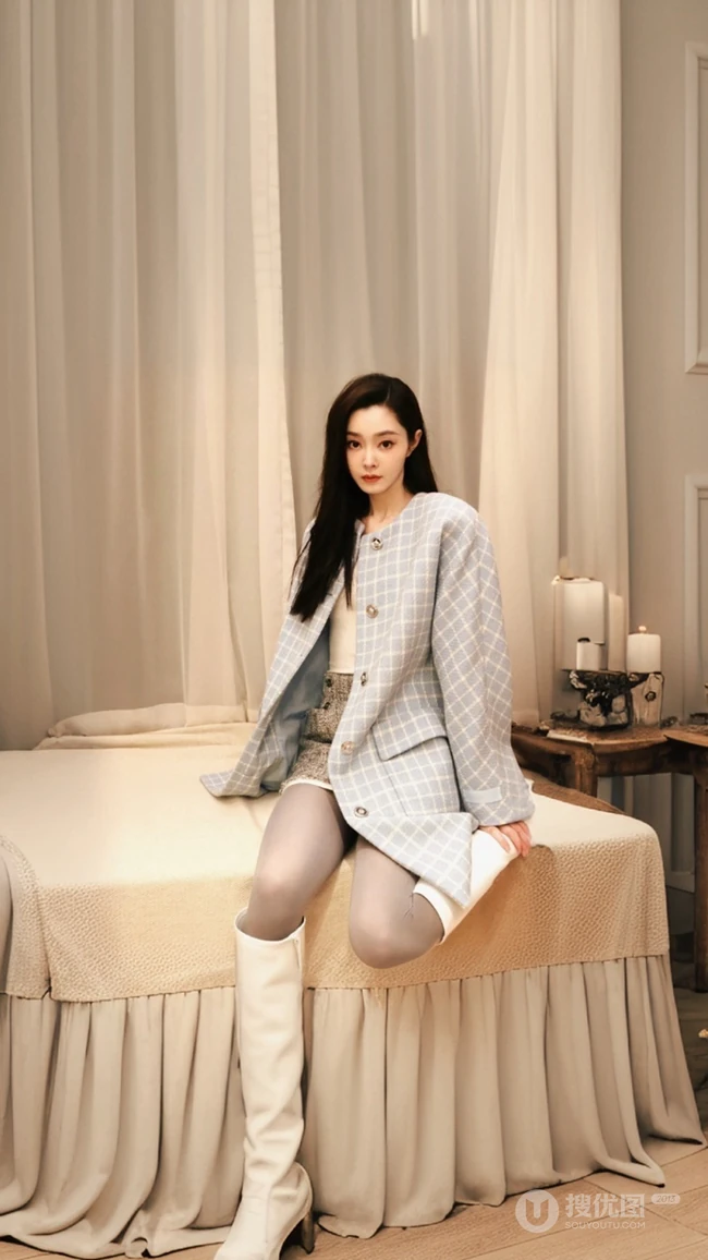 美女明星宋轶格纹外套短裙加长袜穿搭私房床上写真手机壁纸套图