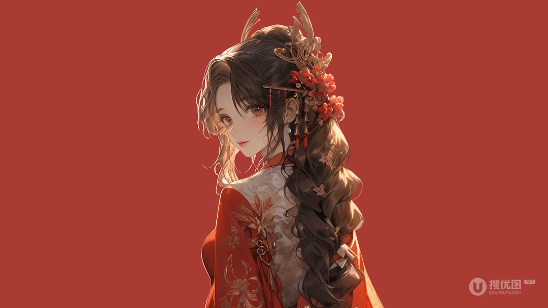 穿着喜庆红色&ldquo;中国红&rdquo;新衣，红色背景前，长长麻花辫动漫AI美女侧颜壁纸图片