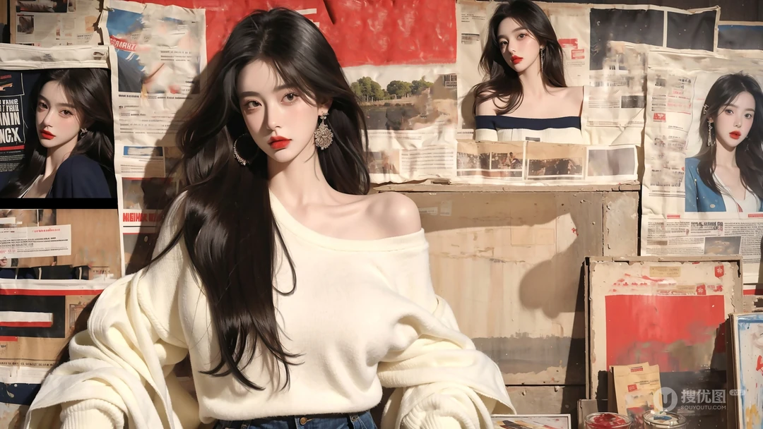 小姐姐的肩膀好性感，报纸墙前，气质优雅的长发AI美女小姐姐高清桌面壁纸