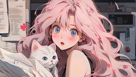 好像芭比公主的AI美女小姐姐和她的白色小猫咪可爱桌面壁纸图片