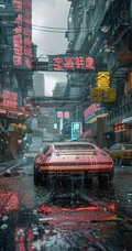 未来科幻世界里的超酷跑车，赛朋博克风，街道，电缆，电线，AI跑车美图手机壁纸