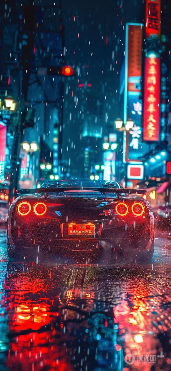 未来科幻世界里的超酷跑车，赛朋博克风，街道，电缆，电线，AI跑车美图手机壁纸