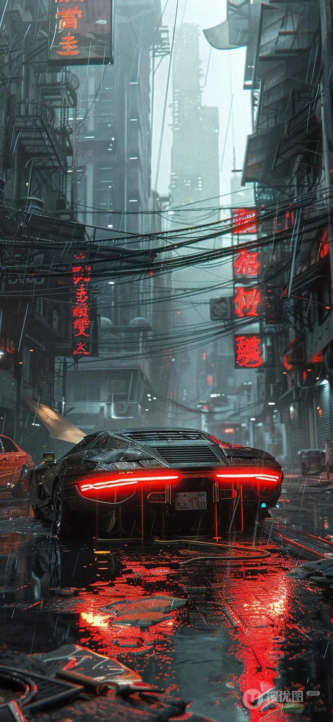 未来科幻世界里的超酷跑车，赛朋博克风，街道，电缆，电线，AI跑车美图手机壁纸