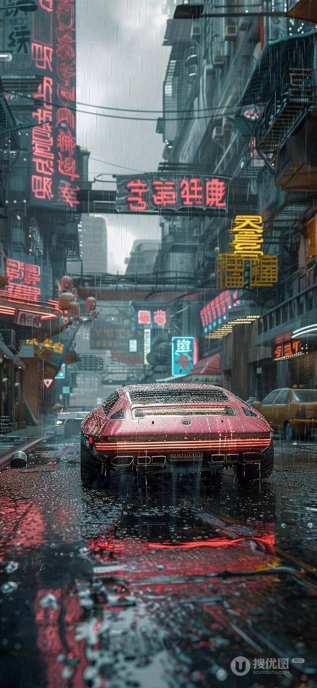未来科幻世界里的超酷跑车，赛朋博克风，街道，电缆，电线，AI跑车美图手机壁纸