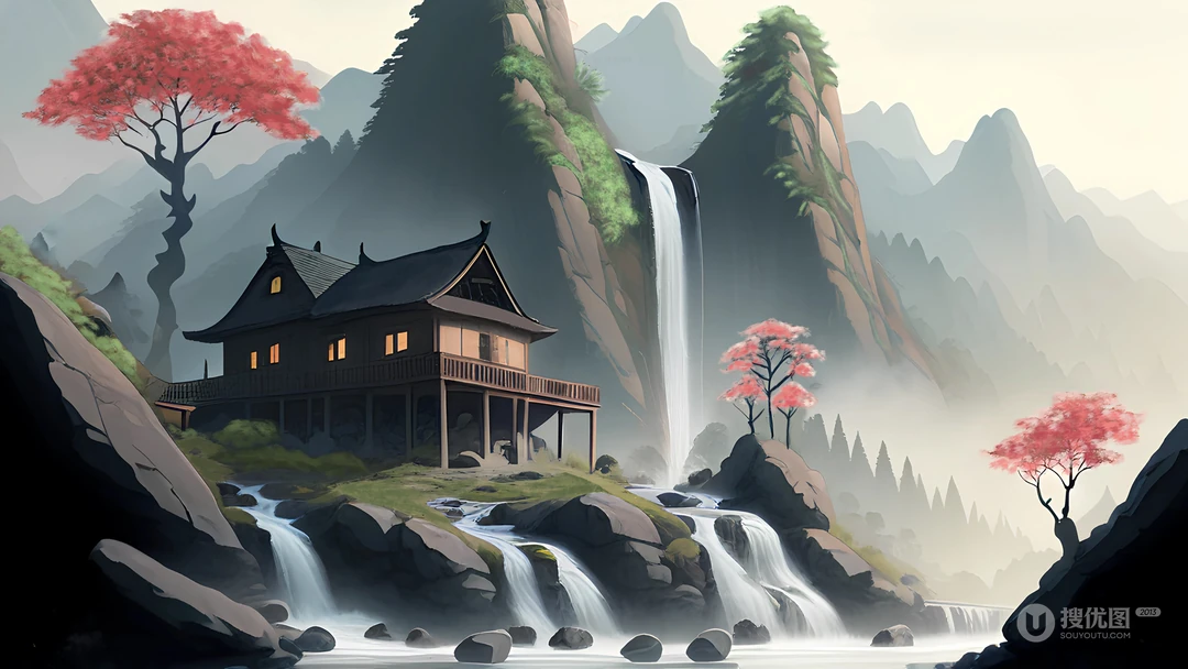山水，瀑布，宛如人间仙境般的山水瀑布超美壁纸图片
