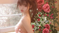 玫瑰花少女，玫瑰花房，吊带粉裙性感美少女娇媚私房写真壁纸图片