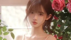 玫瑰花少女，玫瑰花房，吊带粉裙性感美少女娇媚私房写真壁纸图片