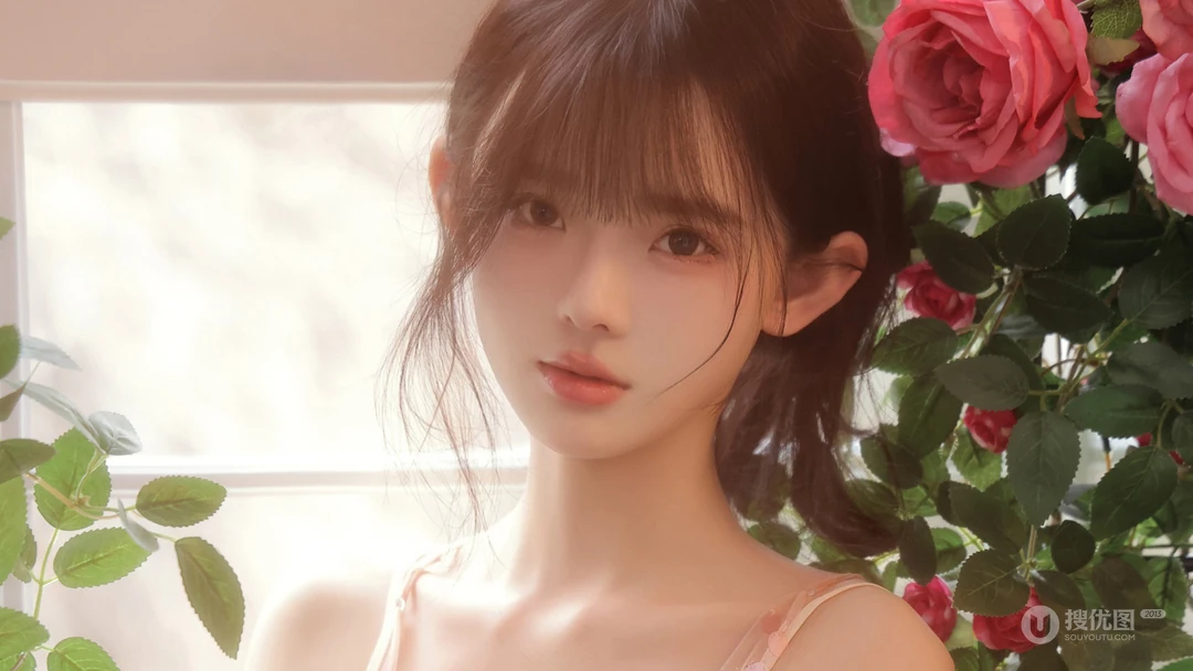 玫瑰花少女，玫瑰花房，吊带粉裙性感美少女娇媚私房写真壁纸图片
