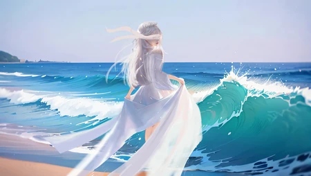 大海，翻滚的海浪，沙滩，蒙着眼纱的动漫白裙美女桌面壁纸图片