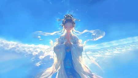 蓝天之上，双手合十，仙气飘飘，飞升成仙女的动漫女神桌面壁纸图片