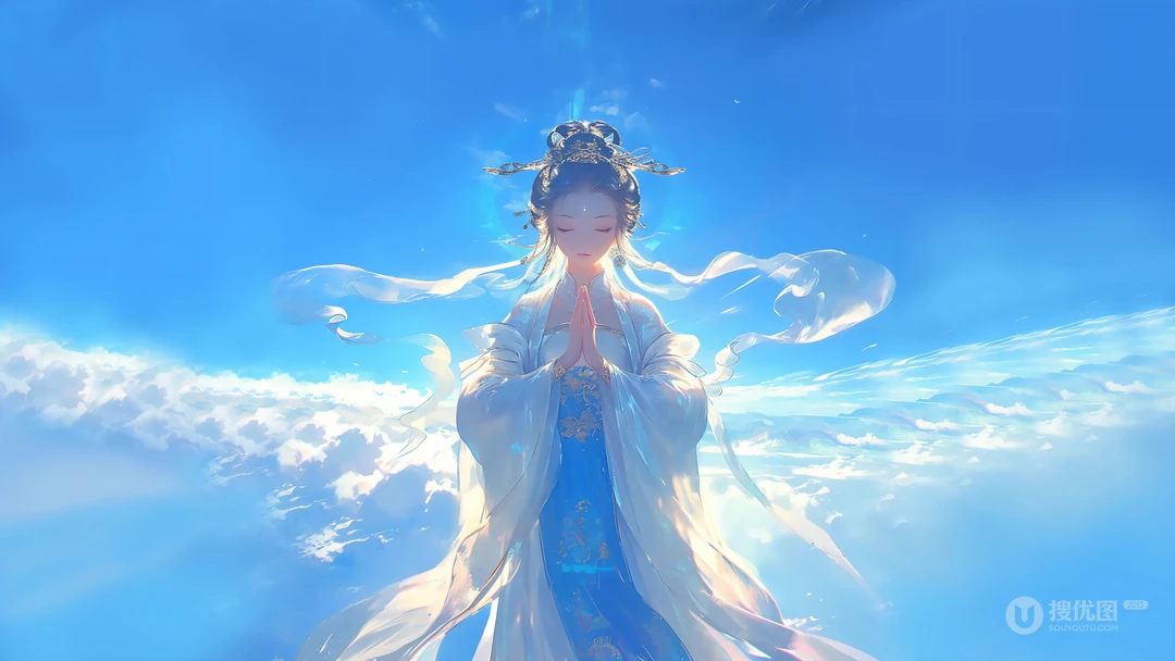 蓝天之上，双手合十，仙气飘飘，飞升成仙女的动漫女神桌面壁纸图片