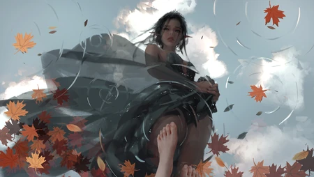 光脚踩着水坑，看着自己倒影的海琴烟高清插画壁纸图片