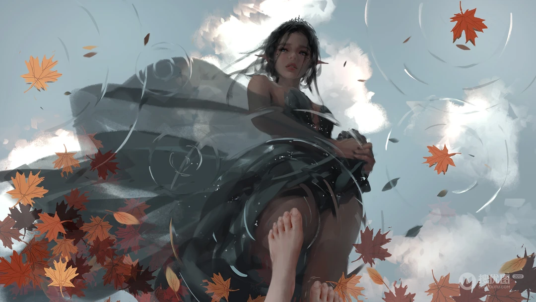 光脚踩着水坑，看着自己倒影的海琴烟高清插画壁纸图片