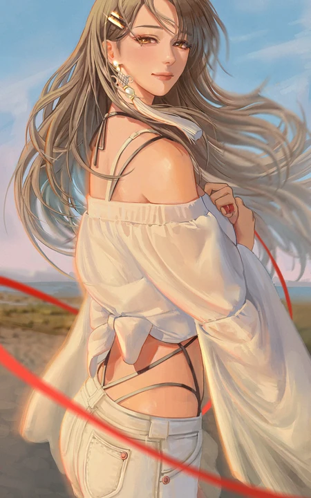 户外，被风吹乱长发的牛仔短裤气质动漫美女手机壁纸图片