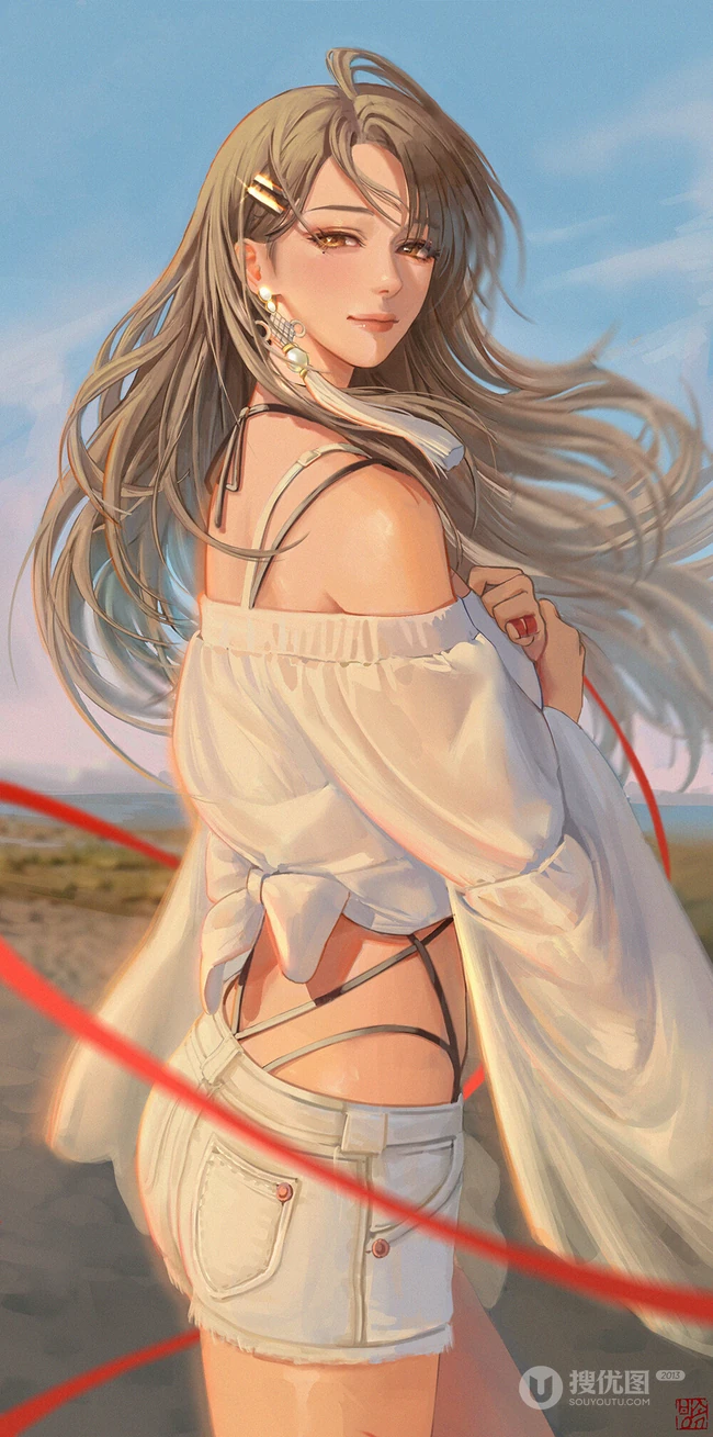户外，被风吹乱长发的牛仔短裤气质动漫美女手机壁纸图片