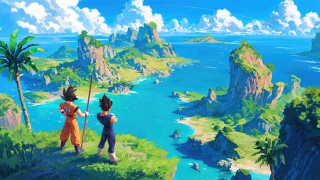 悟空，贝吉塔同屏背影壁纸，蓝色大海，绿色海岛清新《龙珠》壁纸图片