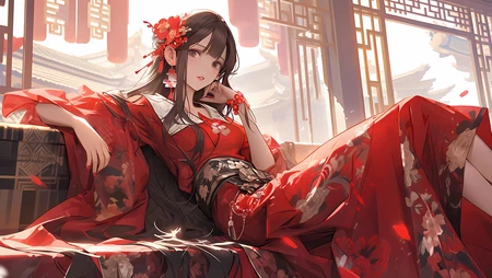 古风，古典红裙AI美女，坐在长椅上，一袭古装红裙的古风女子桌面壁纸图片