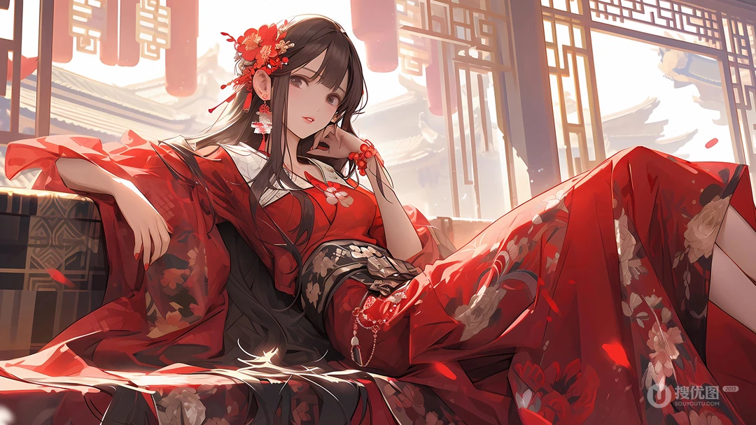 古风，古典红裙AI美女，坐在长椅上，一袭古装红裙的古风女子桌面壁纸图片
