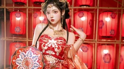 红衣古装汉服美女小姐姐犹抱琵琶喜庆写真桌面壁纸图片