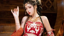 红衣古装汉服美女小姐姐犹抱琵琶喜庆写真桌面壁纸图片