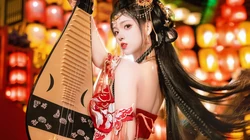 红衣古装汉服美女小姐姐犹抱琵琶喜庆写真桌面壁纸图片
