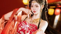 红衣古装汉服美女小姐姐犹抱琵琶喜庆写真桌面壁纸图片