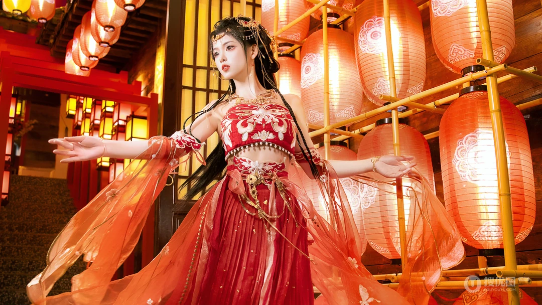 红衣古装汉服美女小姐姐犹抱琵琶喜庆写真桌面壁纸图片
