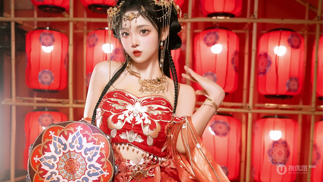 红衣古装汉服美女小姐姐犹抱琵琶喜庆写真桌面壁纸图片