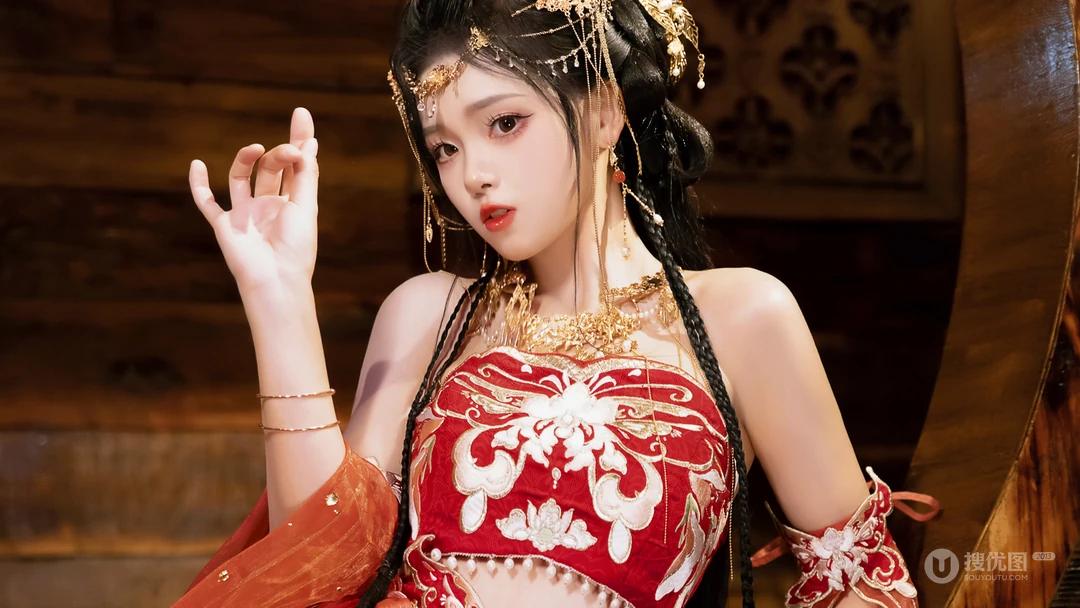 红衣古装汉服美女小姐姐犹抱琵琶喜庆写真桌面壁纸图片